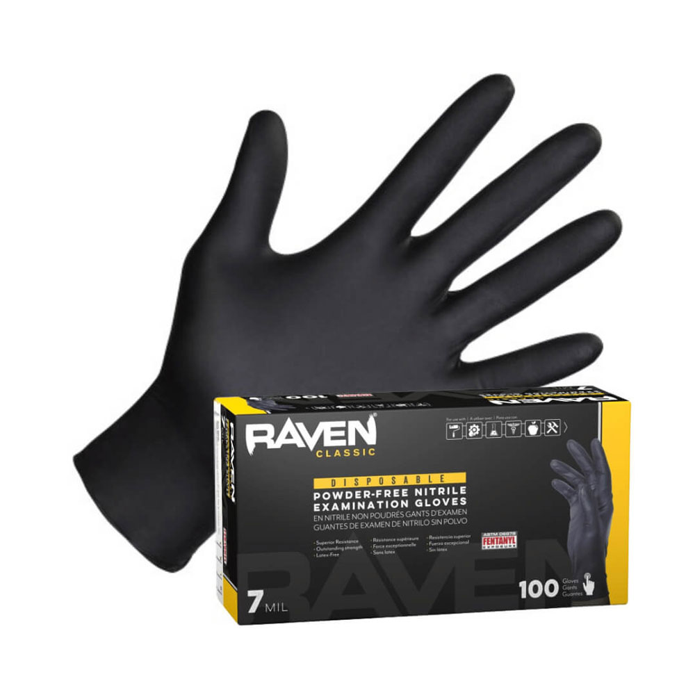 Raven Black Nitrile Gloves, 7 mil, 100/box